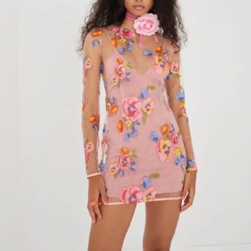 NWT For Love and Lemons Percy Mini Dress Floral Peony Embroidered Sheer Sz S